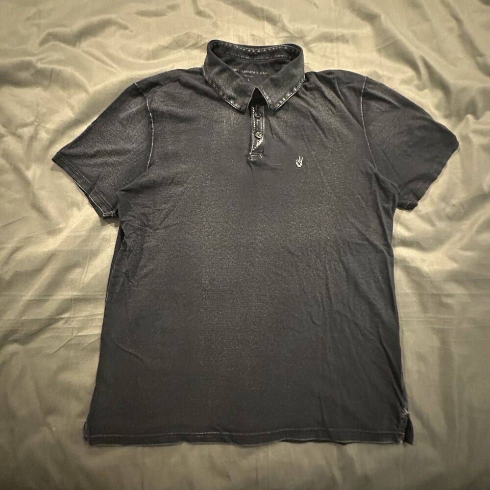 John Varvatos Shirt Mens Large Peace Sign Polo Washed Black USA Short Sleeve